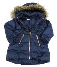 Tmavomodrá šusťáková zimní bunda s kapucí s kožešinou H&M