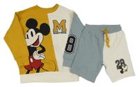 2set - Hořčicovo-bílo-šedomodrá mikina s Mickeym + teplákové kraťasy s Mickeym Next
