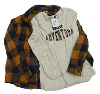 Nové - 2set - Hnědo-tmavomodrá kostkovaná košile + šedé triko s nápisem Pep&Co