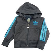 Antracitovo-modrá propínací mikina s pruhy a kapucí Adidas