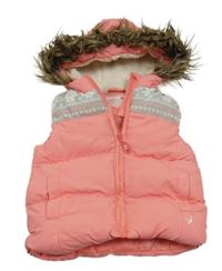 Růžovo-šedo-bílá šusťáková zateplená vesta se vzorovaným pruhem a kapucí s kožešinou Yd.