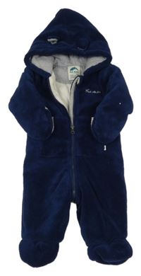 Tmavomodrá plyšová zateplená kombinéza s kapucí 