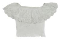 Bílý crop top s volánkem s madeirou a žabičkováním