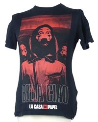 Pánské černé tričko s potiskem La Casa de Papel Pull&Bear vel. XXS