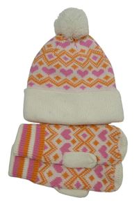 2set - Dámský bílo-oranžovo-růžový vzorovaný kulich + palcové rukavice H&M