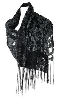 Dámská černá šála s obrázky a třásněmi 