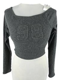 Nové - Dámské tmavošedé žebrované úpletové crop triko s číslem Primark 