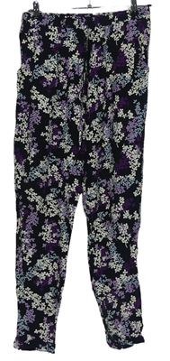 Dámské černo-fialovo-modré květované lehké volné kalhoty 