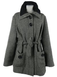 Dámský černo-šedý vzorovaný vlněný jarní kabát s páskem a límcem Bhs 