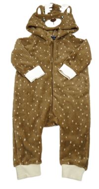 Hnědá puntíkatá chlupatá kombinéza s kapucí - medvěd