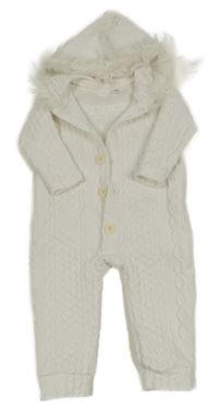 Bílá 3D vzorovaná kombinéza s kožešinou a kapucí Shein