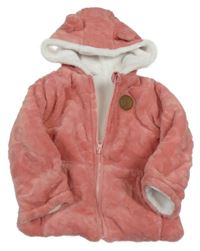 Růžová chlupatá zateplená bunda s medvídkem a kapucí 