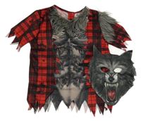 Kostým - 2 set - červeno-šedé triko s kožešinou + maska - vlkodlak 