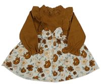 Hnědo-smetanové manšestrovo/lehké šaty s kytičkami a mašlí a volánky SHEIN