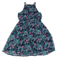 Tmavomodro-růžovo-zelené květované šaty s listy Yigga