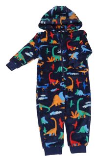 Tmavomodrá chlupatá kombinéza s dinosaury a kapucí M&S