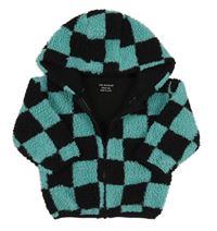 Tyrkysovo-černá kostkovaná huňatá bunda s kapucí Primark