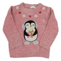 Světlerůžový žinylkový svetr s tučňákem Primark