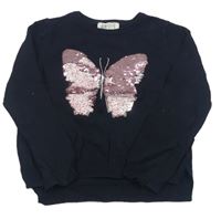 Tmavomodrý svetr s motýlem z flitrů H&M