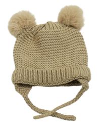 Béžová pletená podšitá čepice s bambulemi Zara