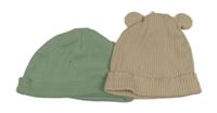 2x - Zelená + béžová žebrovaná čepice