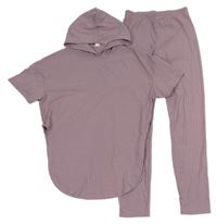 2set - Lila žebrované dlouhé tričko s kapucí + legíny Shein 