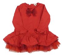 Červené teplákové šaty s volánky a mašlí Mintini 