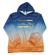 Modro-oranžová tónovaná mikina s nápisem a kapucí 