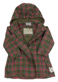 Khaki-růžovo-modrý kostkovaný šusťákový jarní kabát s odepínací kapucí Topolino