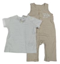 2set - Béžové laclové tepláky s nápisem + bílé tričko M&S