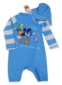 Nové - 2set - Světlemodro-bílý pruhovaný UV overal + kšiltovka Disney 