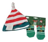 Nové - 2set - Zelené pruhované chlupaté ponožky + čepice - Elf 