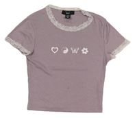 Starofialové žebrované crop tričko s obrázky a krajkou zn. New Look