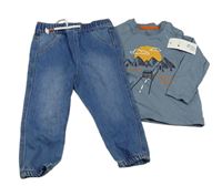 Nový - 2Set - Šedomodré triko s horami a autem + modré jogger rifle F&F