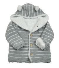Šedo-bílý pruhovaný propínací zateplený svetr s kapucí s oušky Matalan
