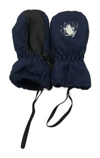 Tmavomodré šusťákové zimní palcové rukavice s medvídkem 