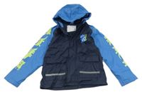 Tmavomodro-modrá nepromokavá jarní bunda s dinosaury a kapucí X-MAIL