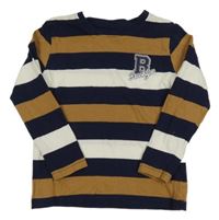 Tmavomodro-hnědo-bílé pruhované triko s písmenkem in extenso