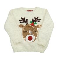 Smetanový chlupatý svetr se sobem z flitrů Primark