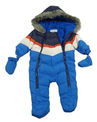 Modro-tmavomodro-bílá šusťáková zimní kombinéza s kapucí + rukavice F&F