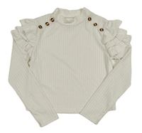 Bílé žebrované crop triko s knoflíky a volánky Shein