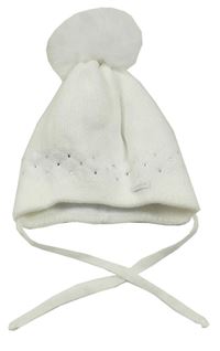 Bílá pletená čepice s kamínky a bambulí