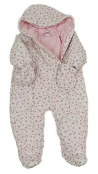 Bílá květovaná šusťáková zimní kombinéza s kapucí + rukavice M&Co.