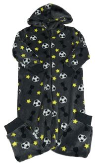 Nové - Tmavošedá chlupatá kombinéza s fotbalovými míči a kapucí ThreadBoys