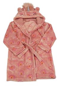 Starorůžový plyšový župan s duhami a kapucí - jednorožec Matalan