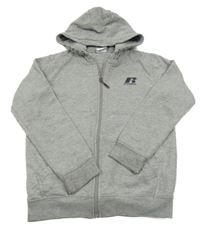 Šedá melírovaná propínací mikina s nápisem a kapucí Russell