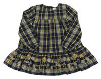 Tmavomodro-žluto-bílá kostkovaná třpytivá šatová tunika s výšivkami květin Topolino