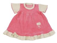 Růžovo-smetanové sametové šaty s balónky a puntíky