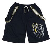 Tmavomodré teplákové kraťasy s potiskem