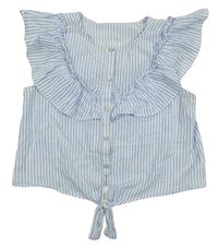 Světlemodro-bílá pruhovaná crop halenka s volány Next